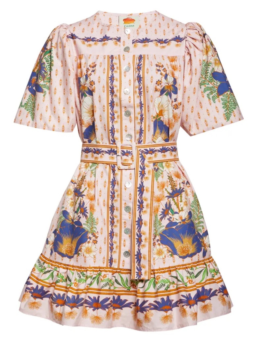 FARM Rio Pink Floral Button-Front Belted Mini Dress with Blue & Green Accents